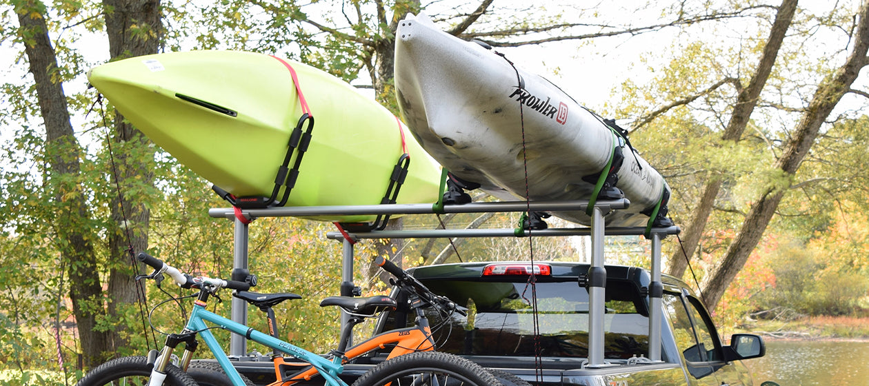 SaddleUp™ Pro Kayak Carrier with Tie-Downs - Saddle Style - Rear Loading - T-Slot Truck Rack Hardware and Jawz Hardware